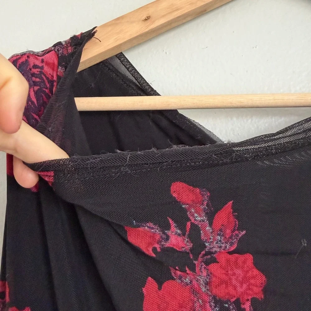 Free People Floral Mesh Maxi Dress Black Red Sleeveless XL‎ Stretch Sexy Cowl